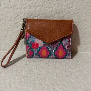 Wristlet Wallet in Brown with Pink & Teal Pattern